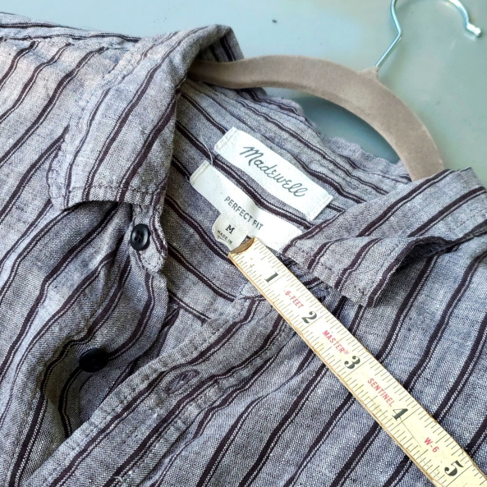 Madewell Men's Linen Striped Button Short Sleeve Shirt Perfect Fit Black Grey M